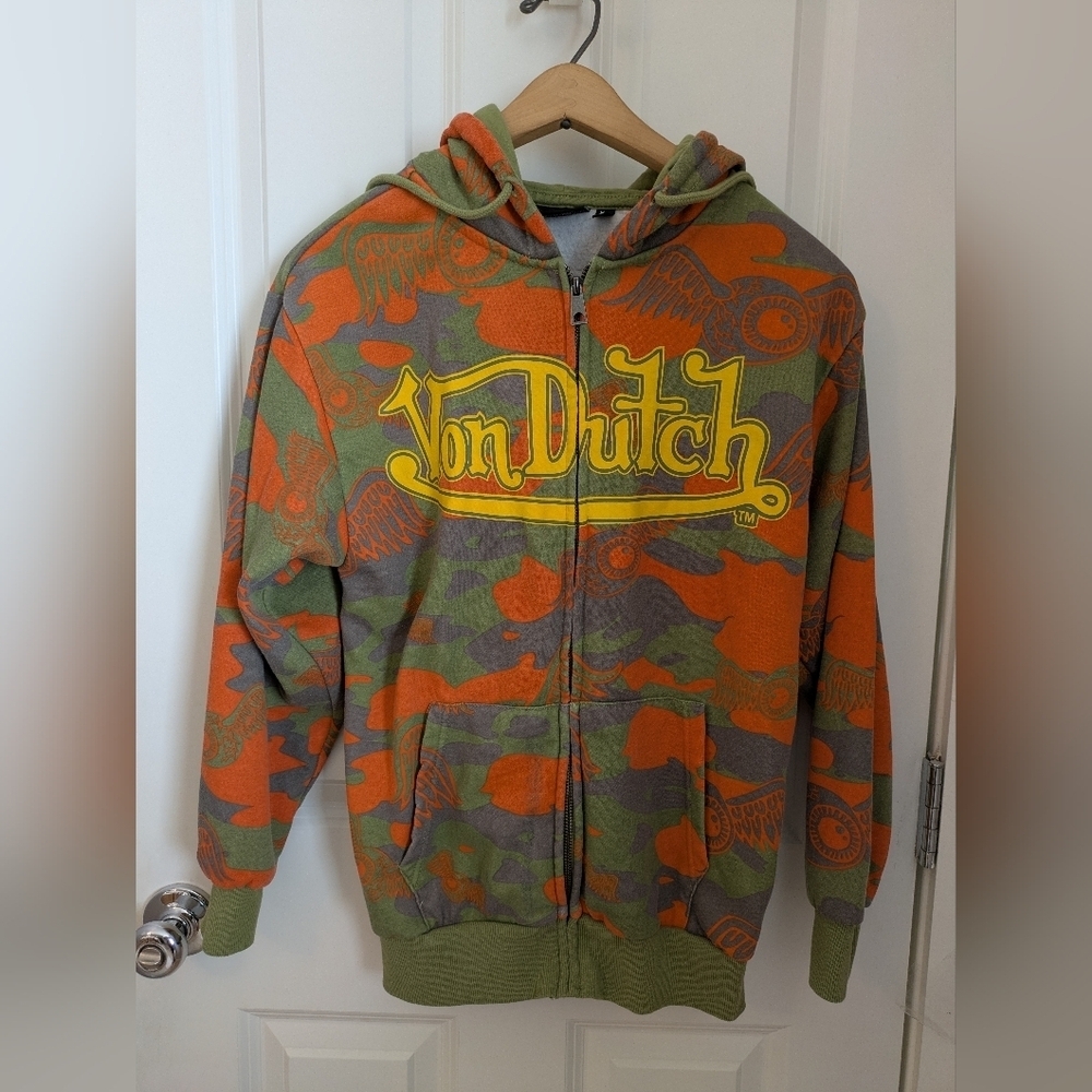 Von Dutch Orange and Green Camouflage Zip-Up XS